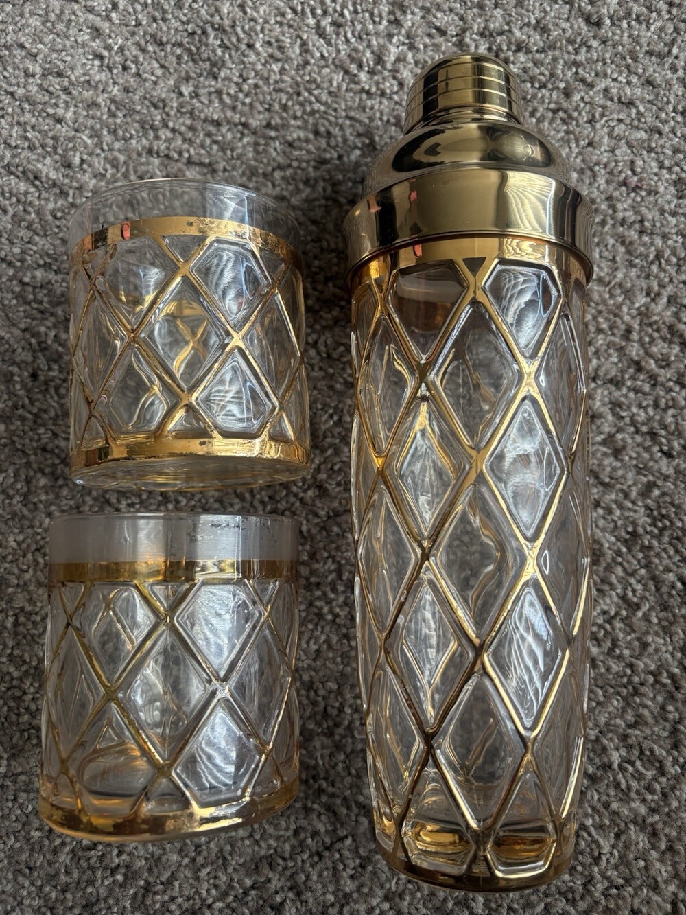 Vintage Glass 18K Gold Joseph Altuzarra Lattice Martini Shaker With 2 Glasses
